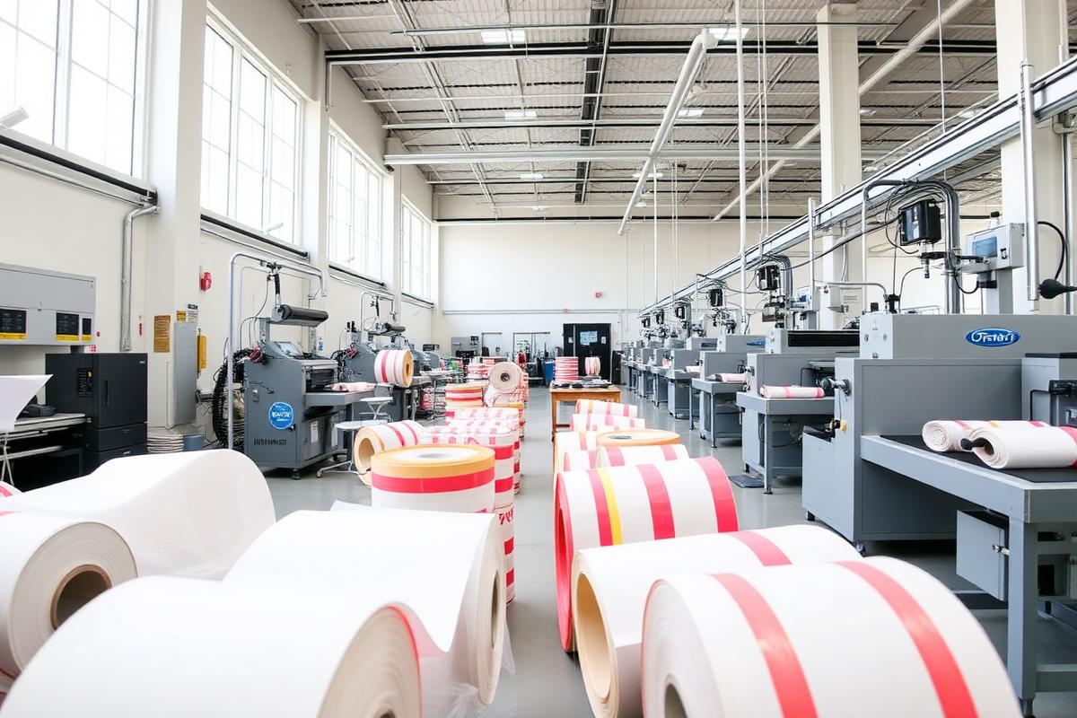 Ultrastrap manufacturing floor with Tyvek rolls and presses