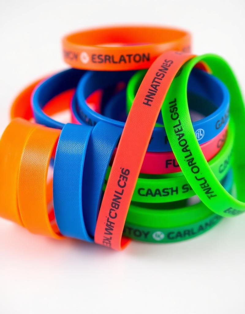Stack of custom-printed Tyvek and silicone wristbands